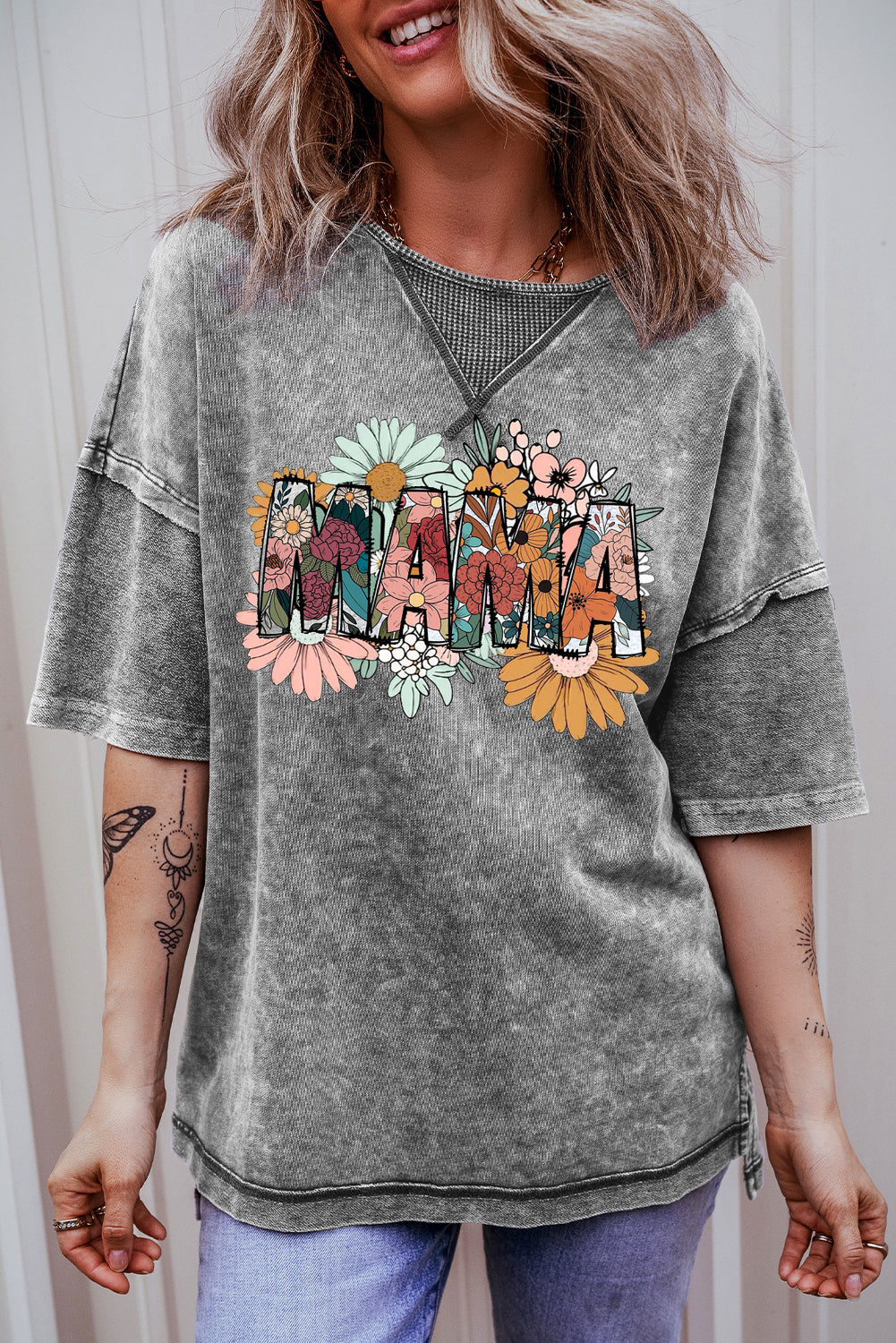 Mother's Day Floral Print Mineral Wash Oversized Drop Shoulder Tee