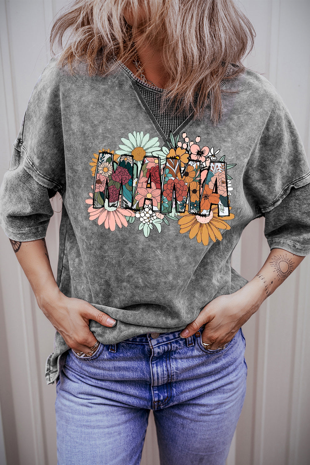 Mother's Day Floral Print Mineral Wash Oversized Drop Shoulder Tee