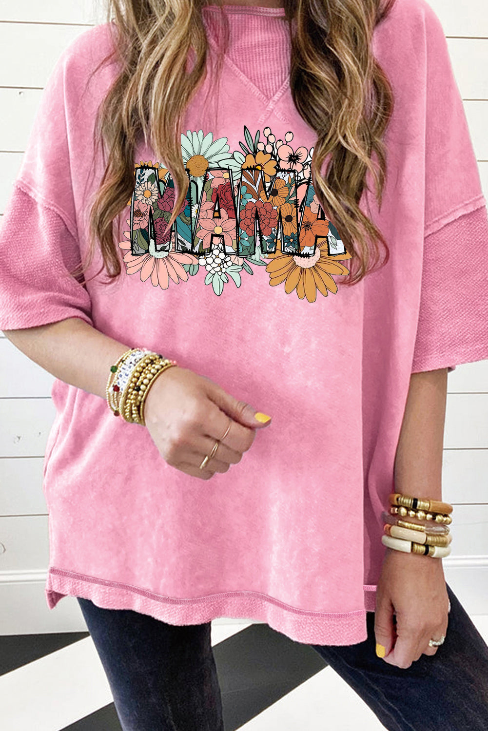 Mother's Day Floral Print Mineral Wash Oversized Drop Shoulder Tee