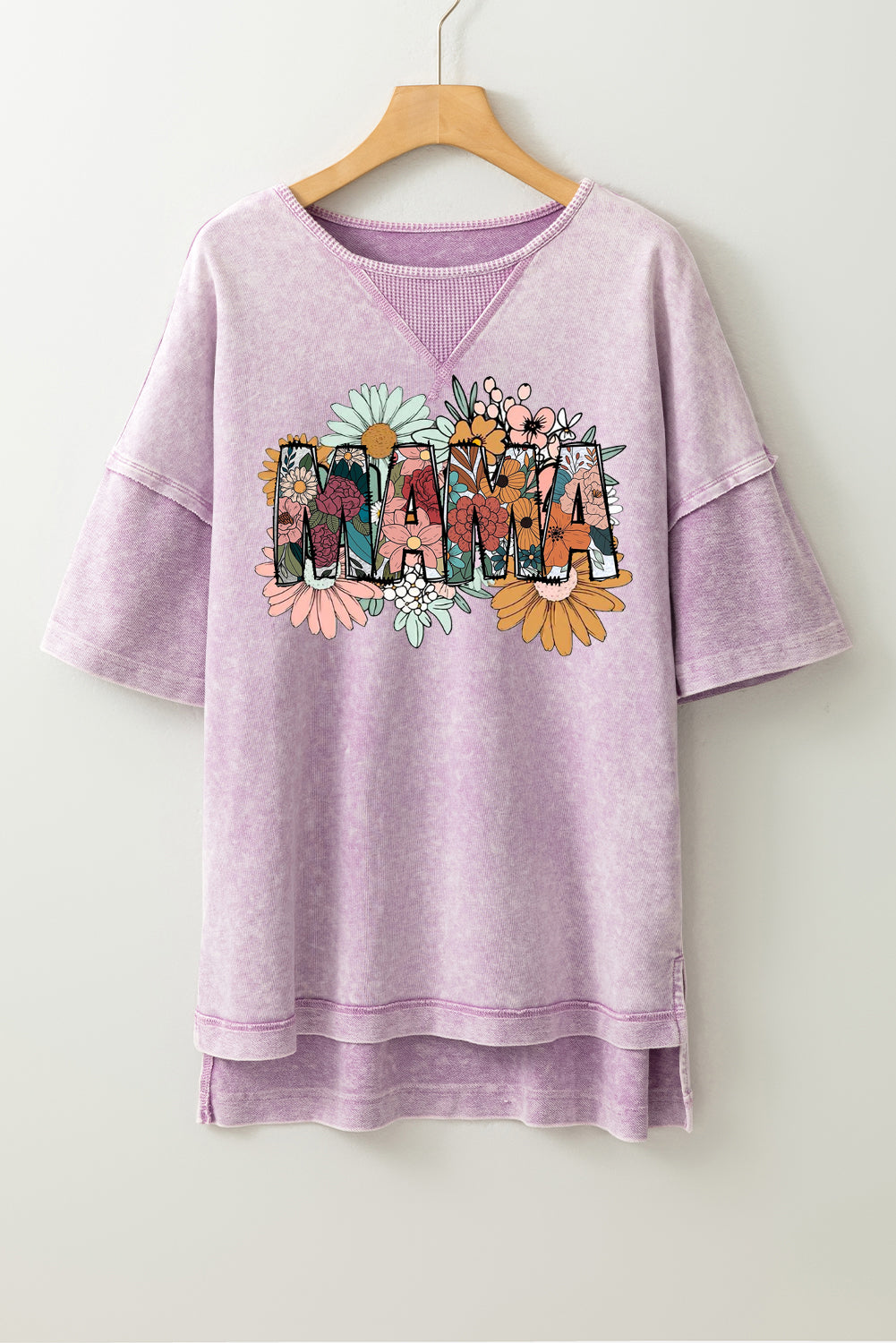 Mother's Day Floral Print Mineral Wash Oversized Drop Shoulder Tee