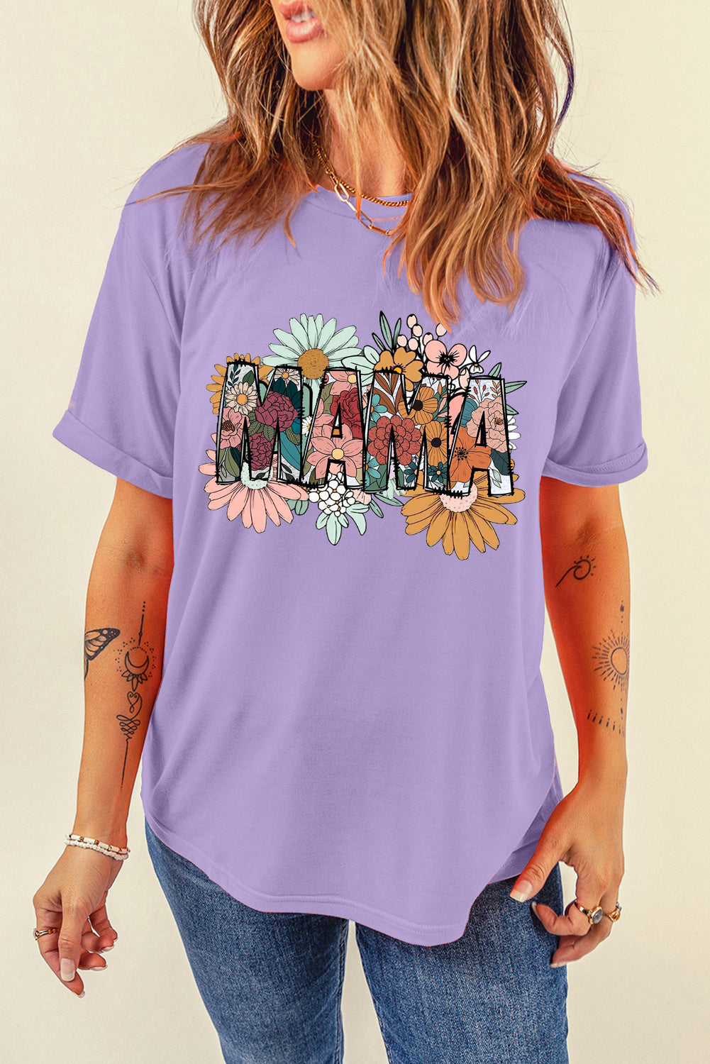 Mother's Day Floral Print Casual Plain Crew Neck T-Shirt