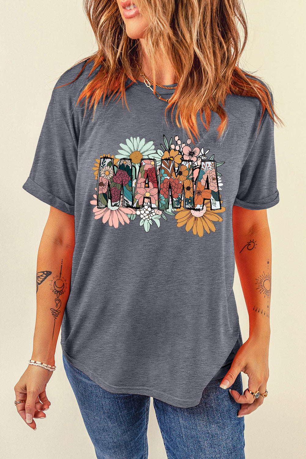 Mother's Day Floral Print Casual Plain Crew Neck T-Shirt