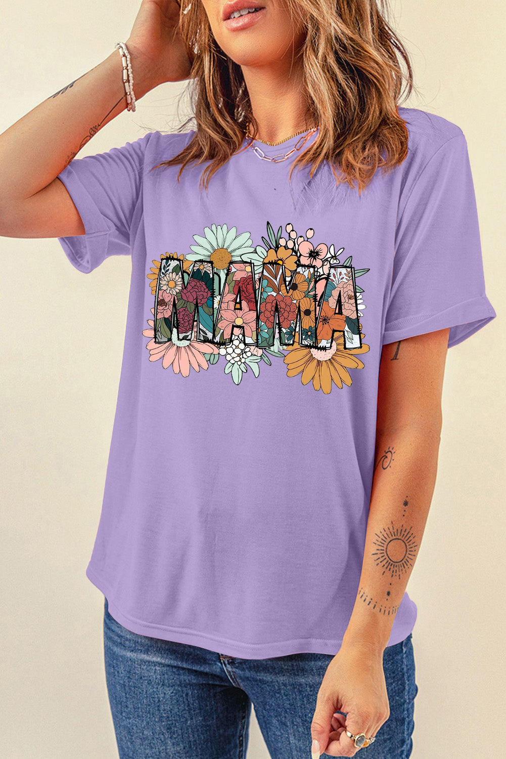 Mother's Day Floral Print Casual Plain Crew Neck T-Shirt