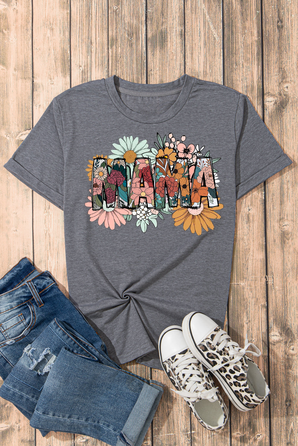 Mother's Day Floral Print Casual Plain Crew Neck T-Shirt