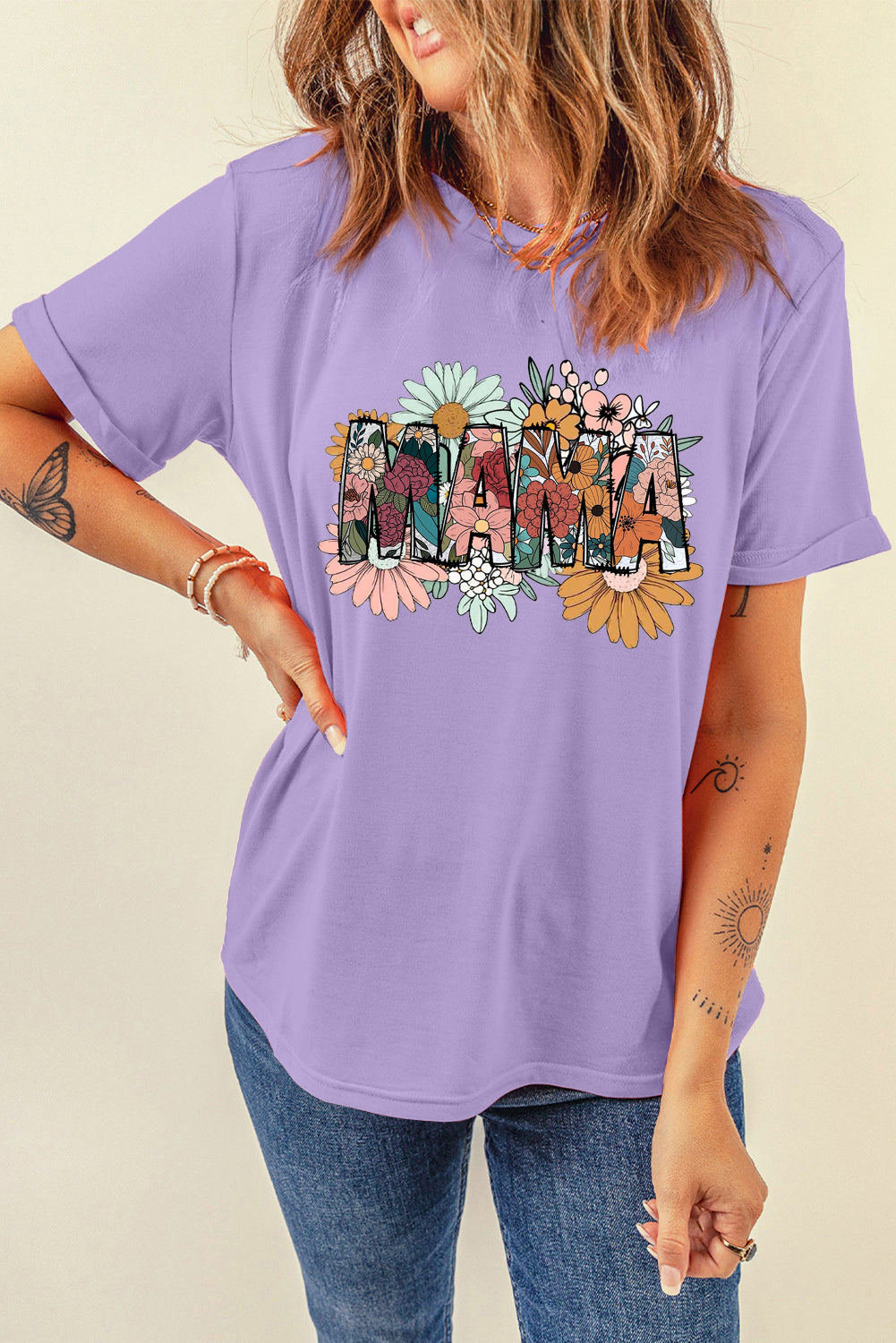 Mother's Day Floral Print Casual Plain Crew Neck T-Shirt