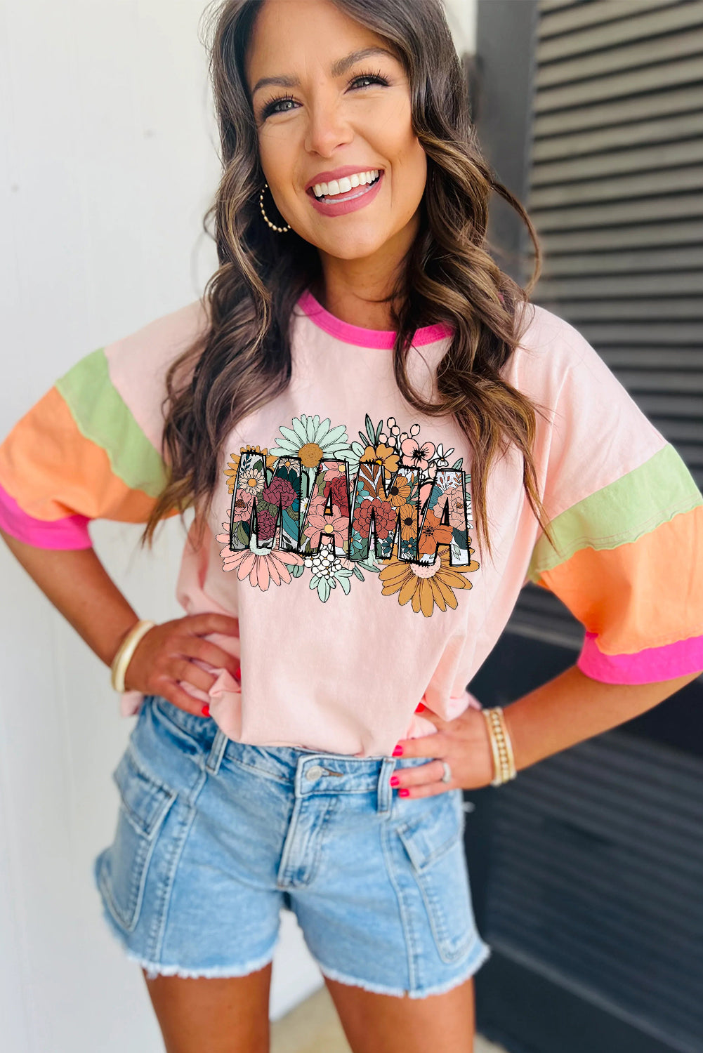 Mother's Day Floral Print Block Stitching Sleeve Round Neck Oversize Top