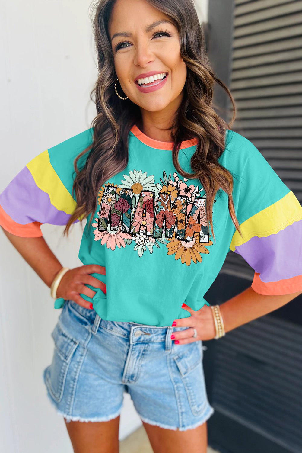 Mother's Day Floral Print Block Stitching Sleeve Round Neck Oversize Top