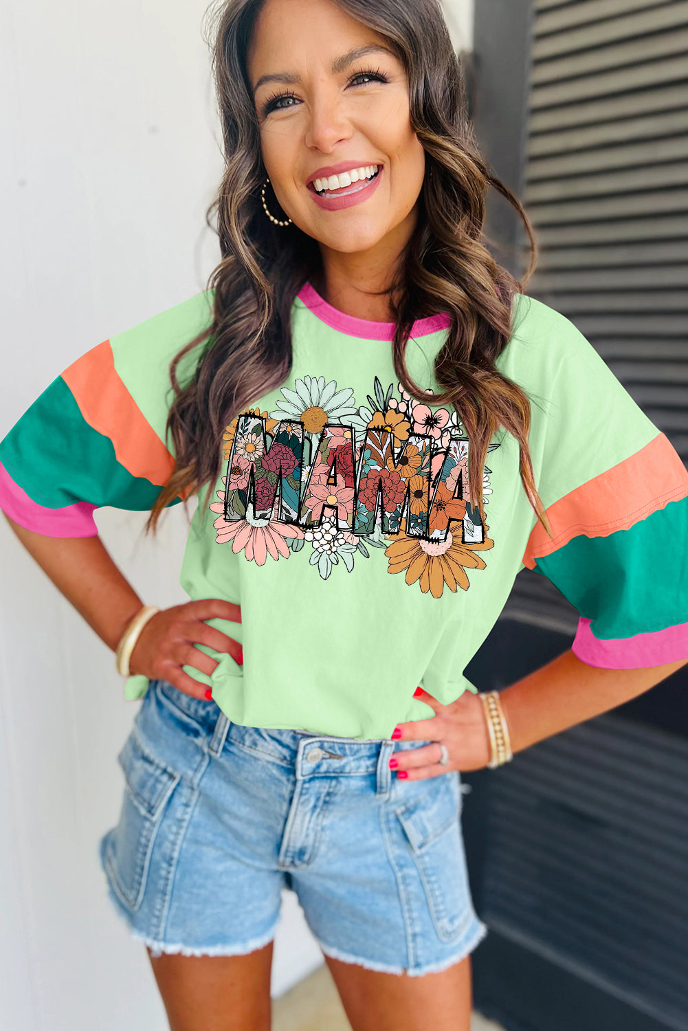 Mother's Day Floral Print Block Stitching Sleeve Round Neck Oversize Top