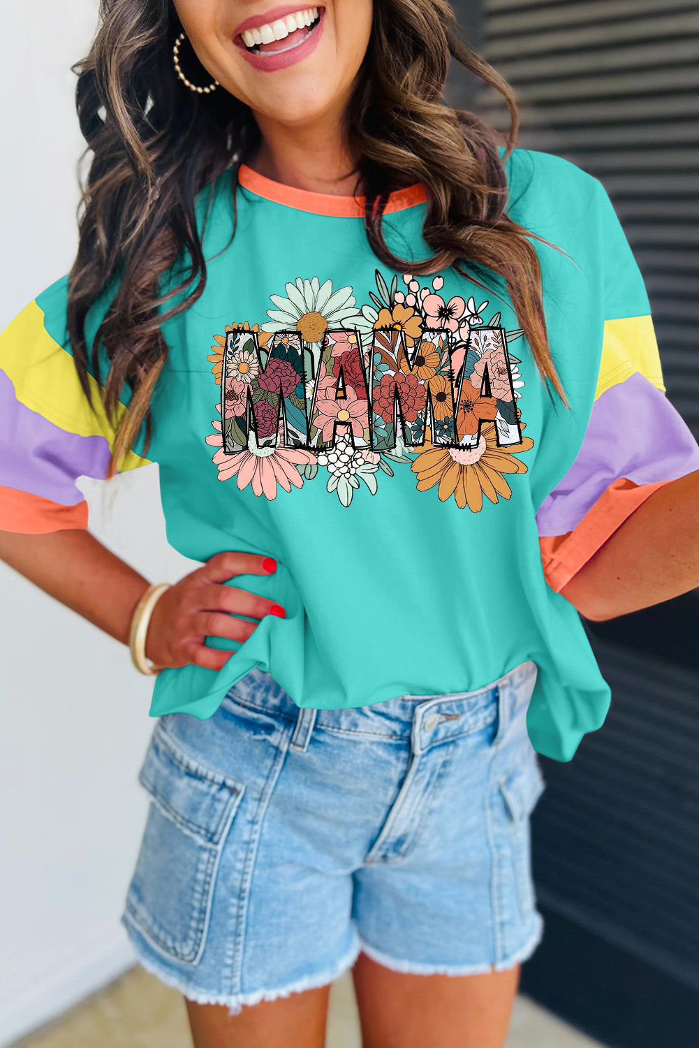 Mother's Day Floral Print Block Stitching Sleeve Round Neck Oversize Top