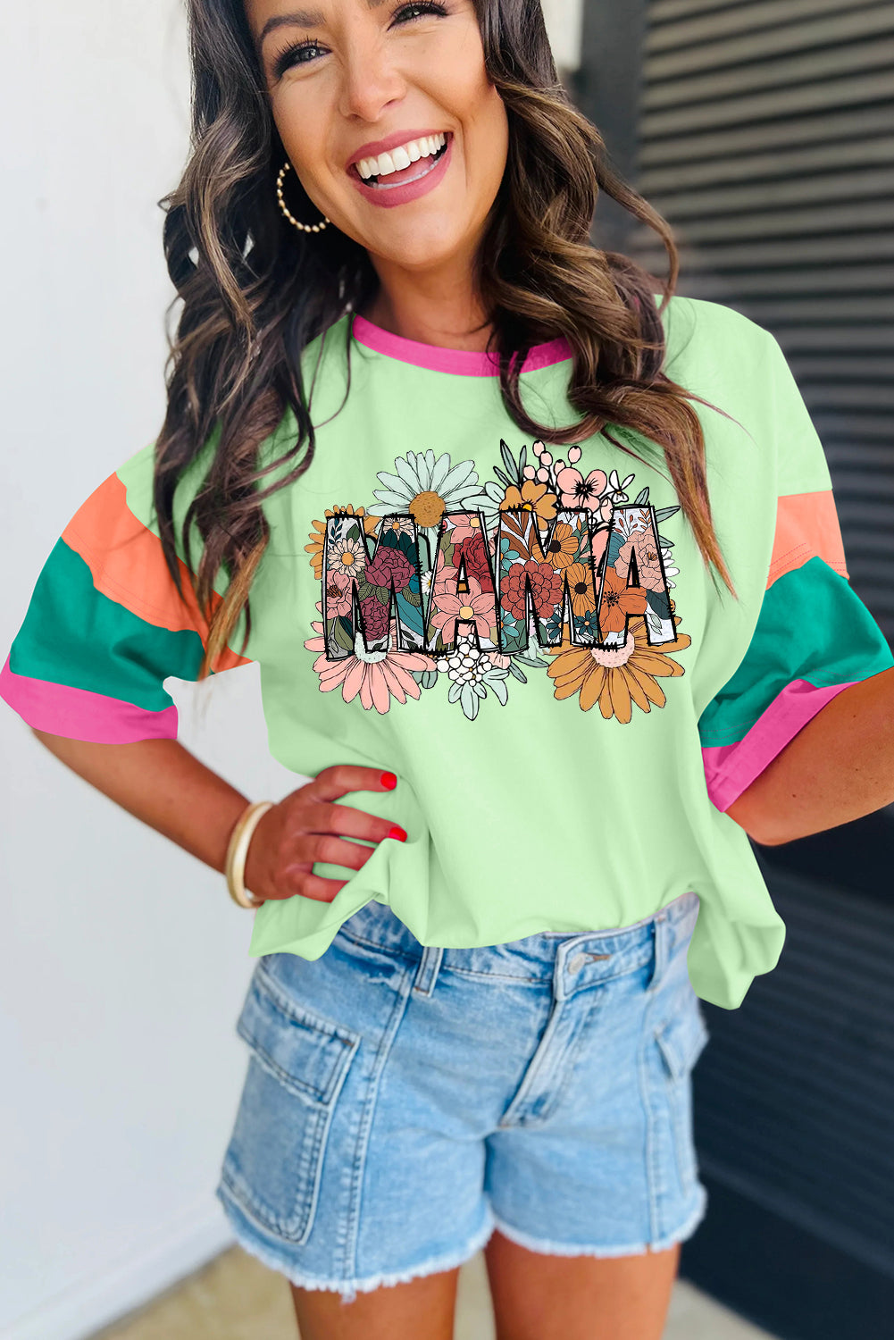 Mother's Day Floral Print Block Stitching Sleeve Round Neck Oversize Top