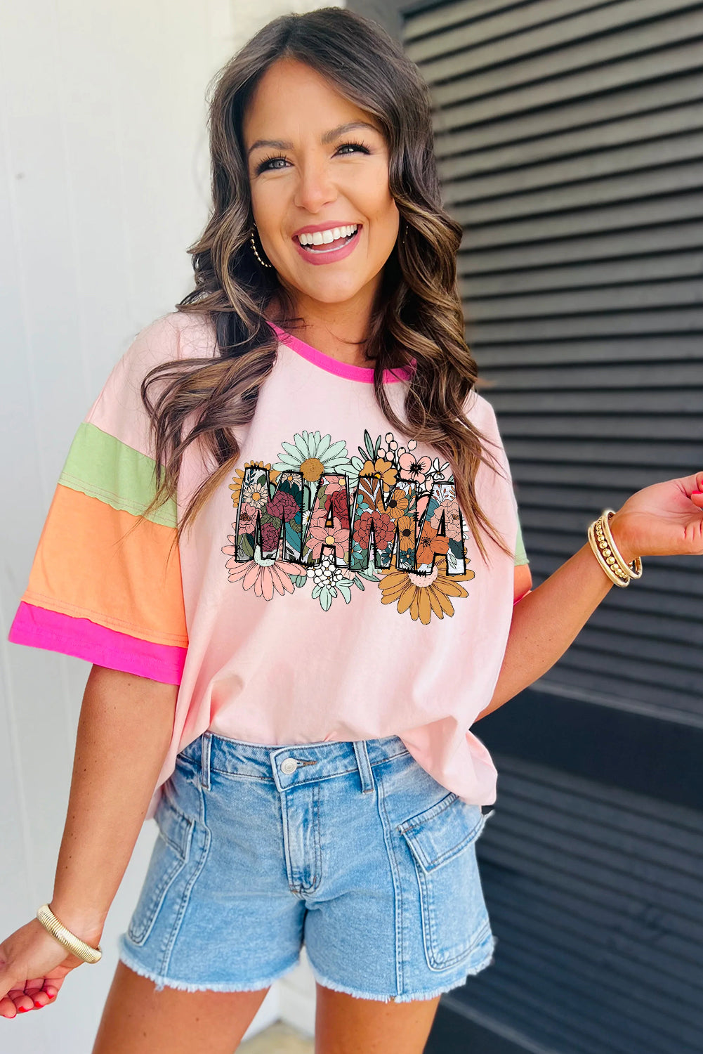 Mother's Day Floral Print Block Stitching Sleeve Round Neck Oversize Top