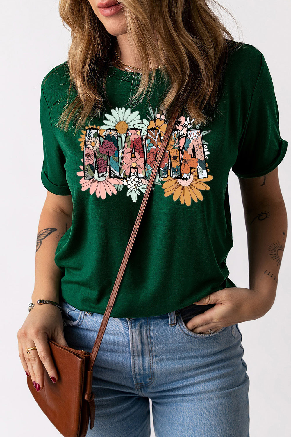 Mother's Day Floral Print Solid Color Crew Neck T-Shirt
