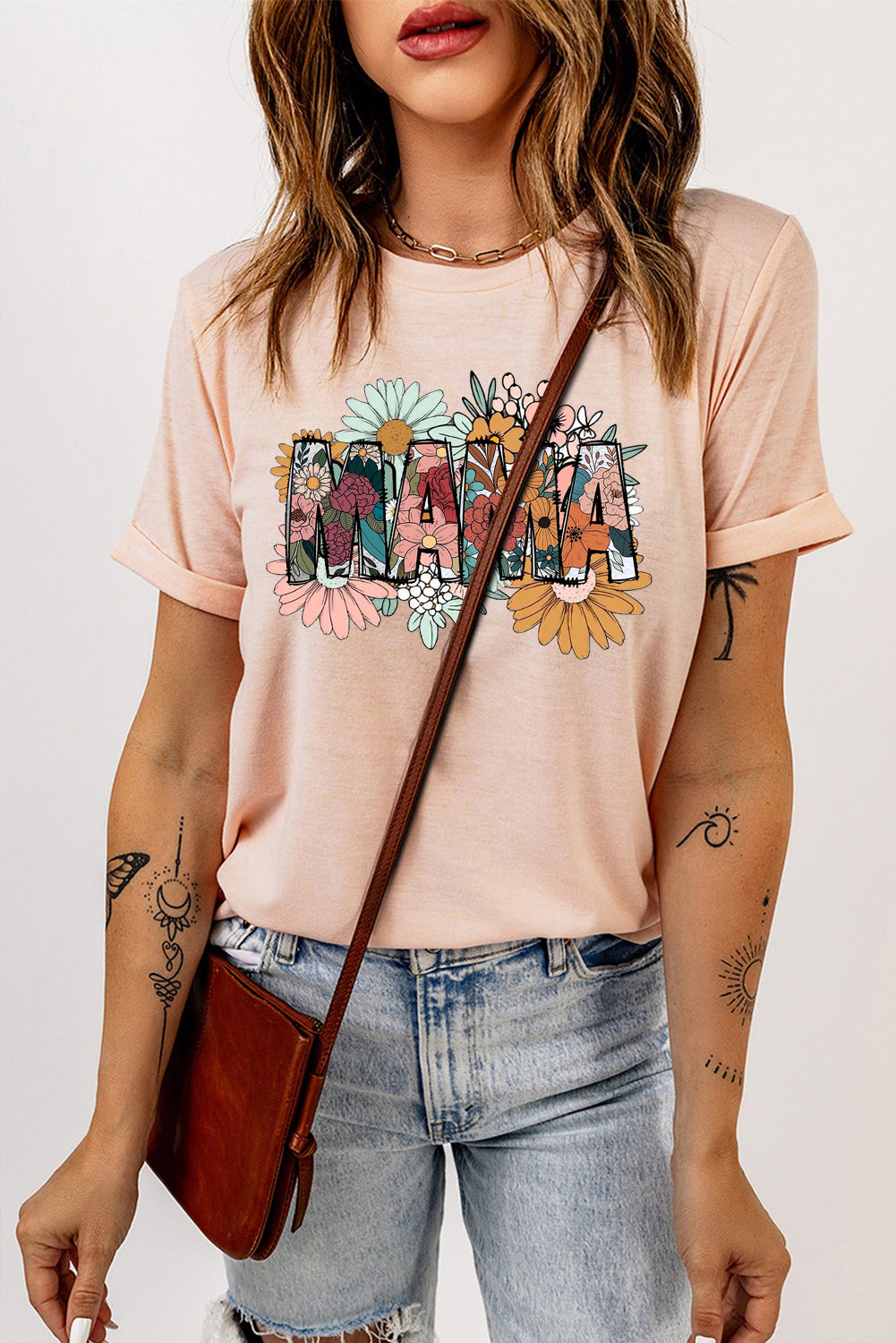 Mother's Day Floral Print Solid Color Crew Neck T-Shirt