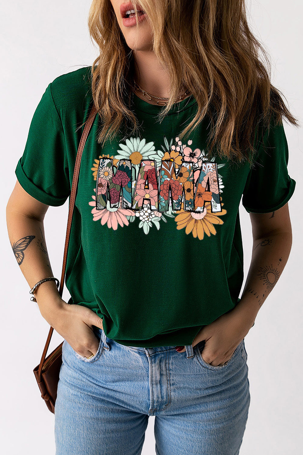 Mother's Day Floral Print Solid Color Crew Neck T-Shirt