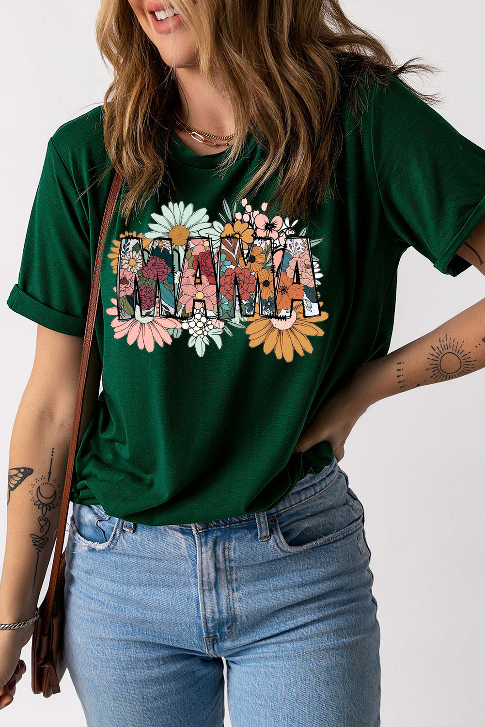 Mother's Day Floral Print Solid Color Crew Neck T-Shirt