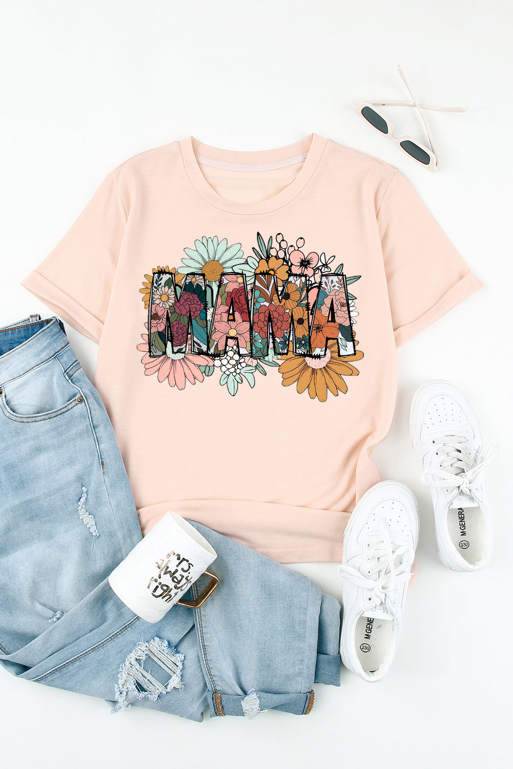Mother's Day Floral Print Solid Color Crew Neck T-Shirt