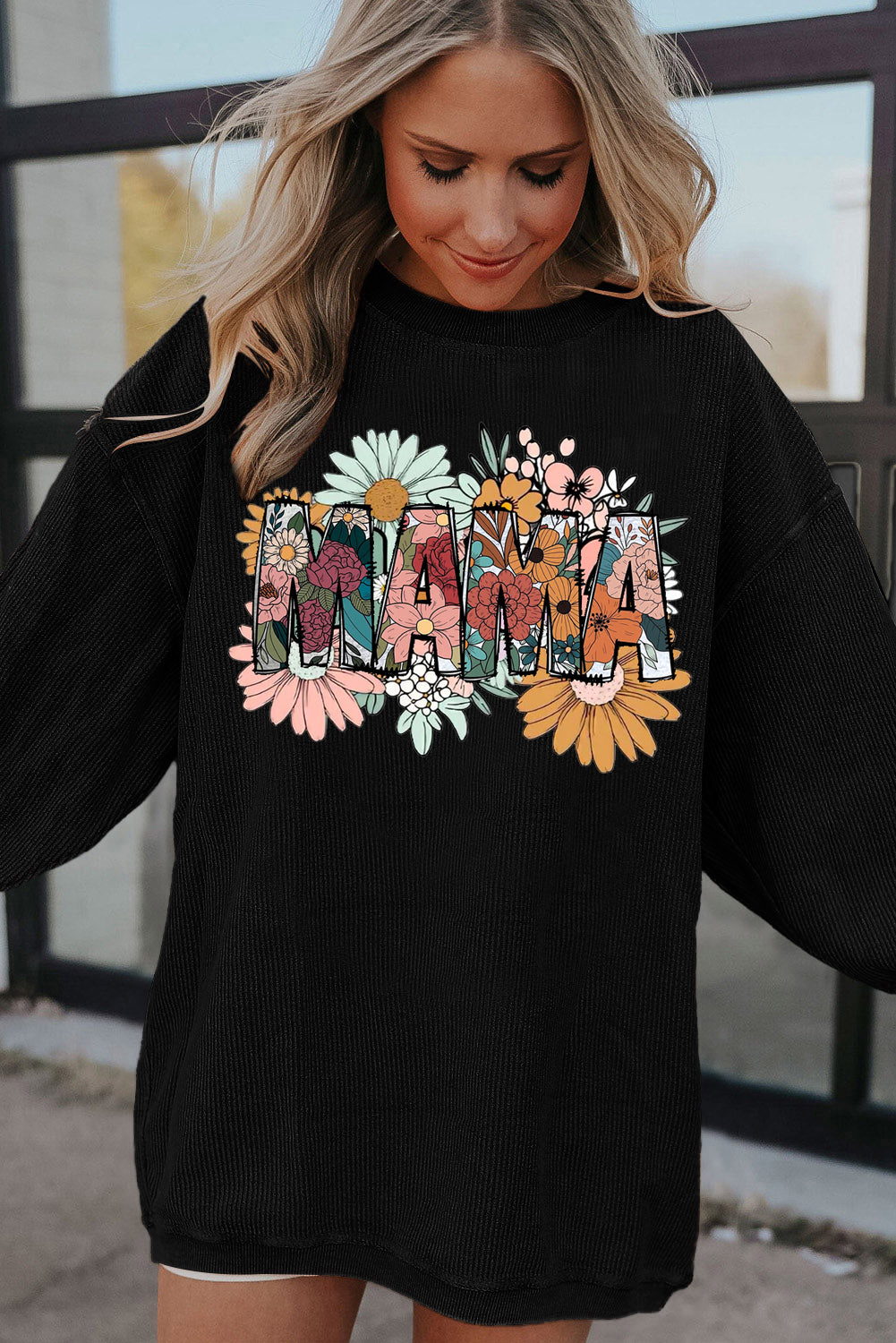 Mother's Day Floral Print Ribbed Corduroy Oversized Sweatshirt