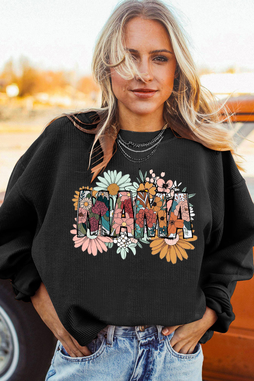 Mother's Day Floral Print Ribbed Corduroy Oversized Sweatshirt