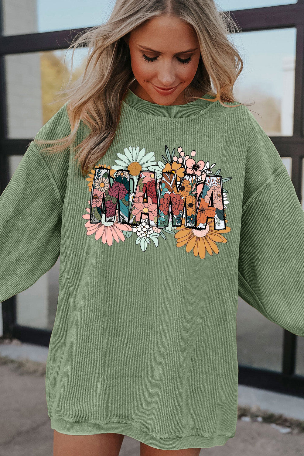 Mother's Day Floral Print Ribbed Corduroy Oversized Sweatshirt