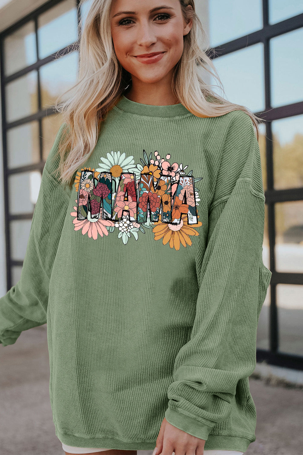 Mother's Day Floral Print Ribbed Corduroy Oversized Sweatshirt