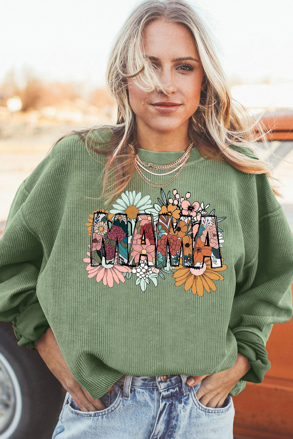 Mother's Day Floral Print Ribbed Corduroy Oversized Sweatshirt