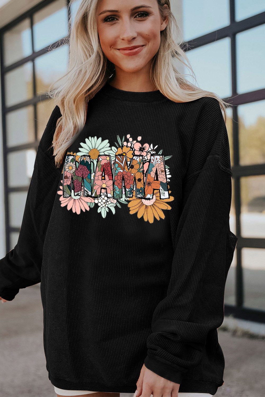Mother's Day Floral Print Ribbed Corduroy Oversized Sweatshirt