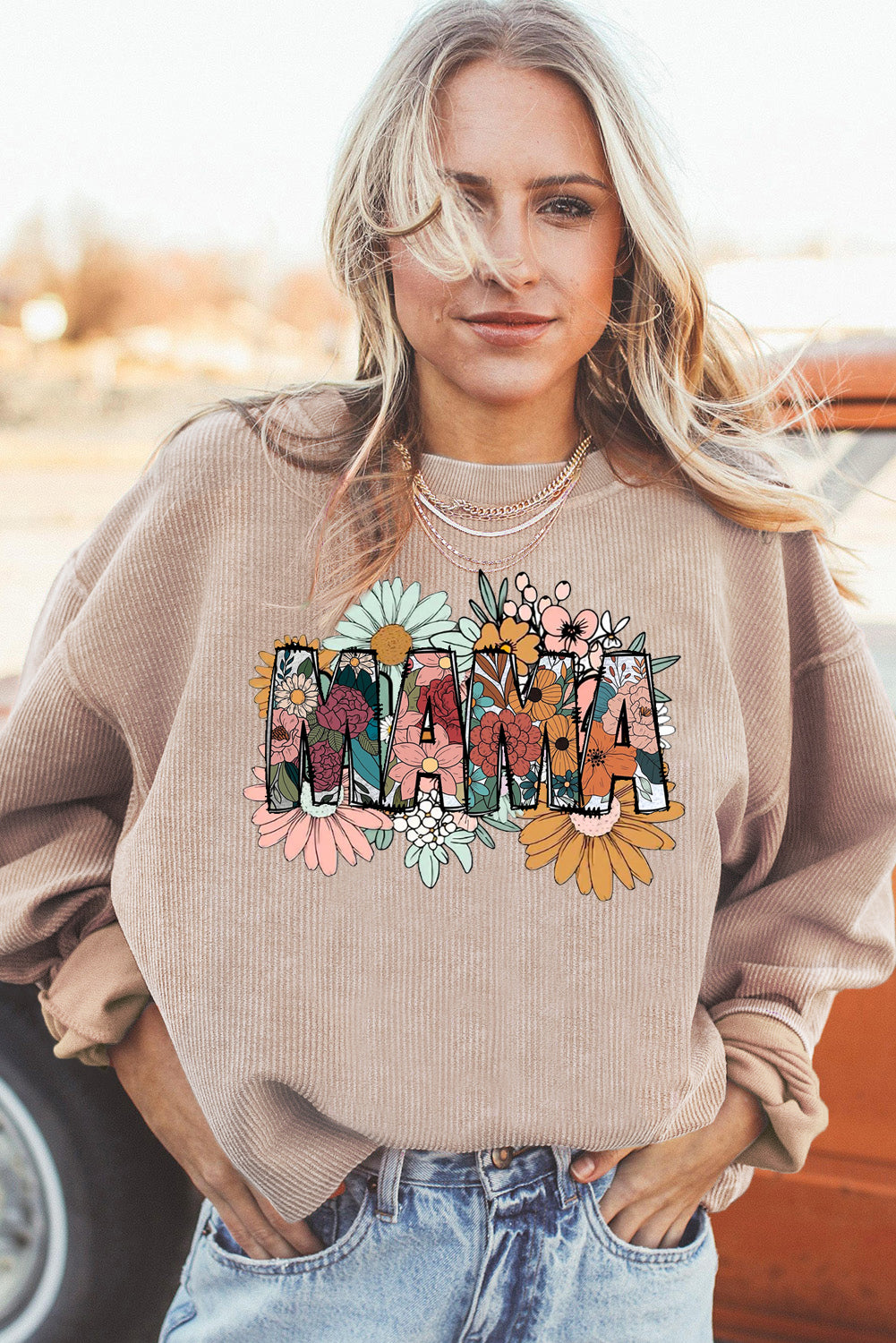 Mother's Day Floral Print Ribbed Corduroy Oversized Sweatshirt