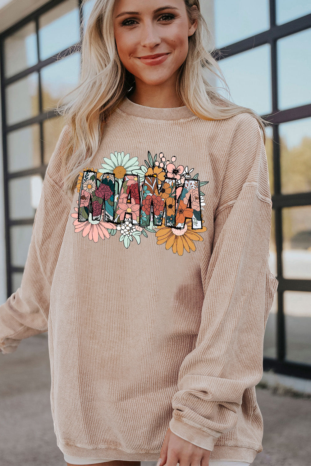 Mother's Day Floral Print Ribbed Corduroy Oversized Sweatshirt