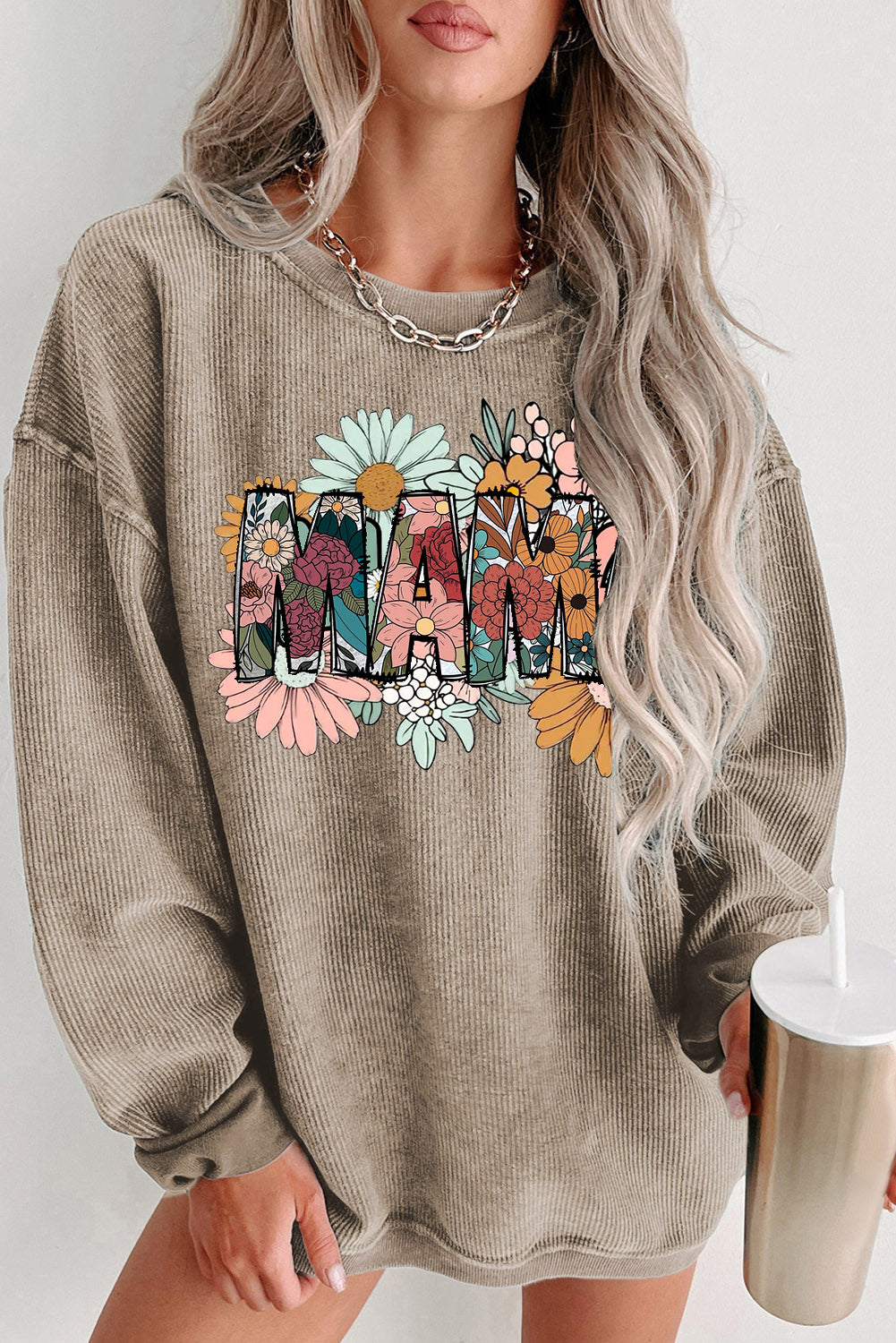 Mother's Day Floral Print Ribbed Knit Round Neck Pullover Sweatshirt