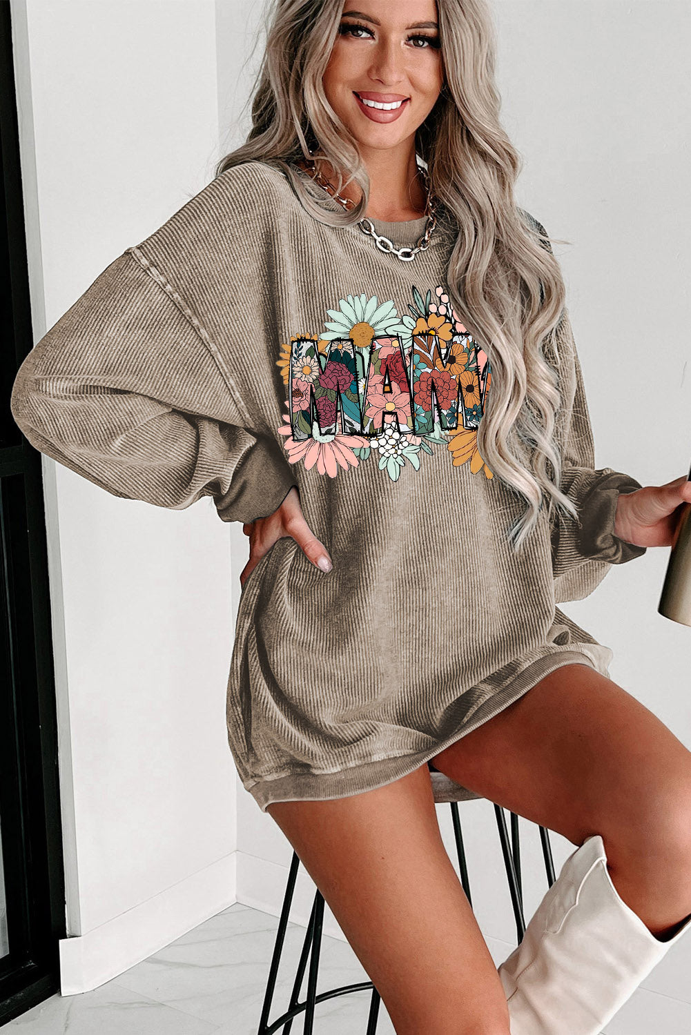 Mother's Day Floral Print Ribbed Knit Round Neck Pullover Sweatshirt