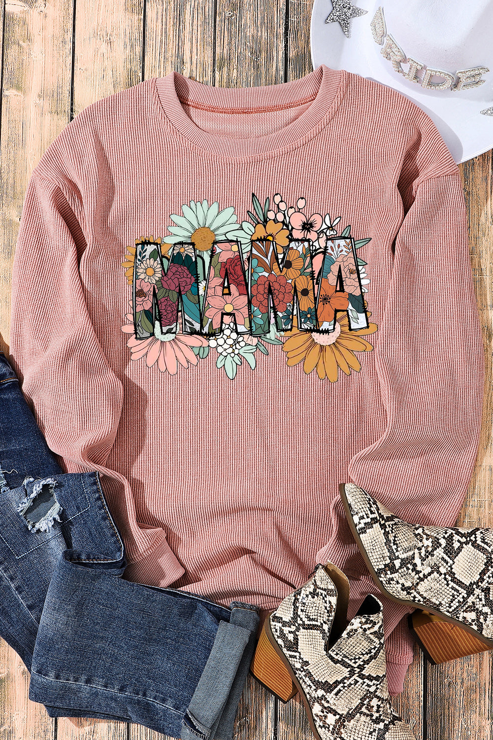 Mother's Day Floral Print Ribbed Knit Round Neck Pullover Sweatshirt