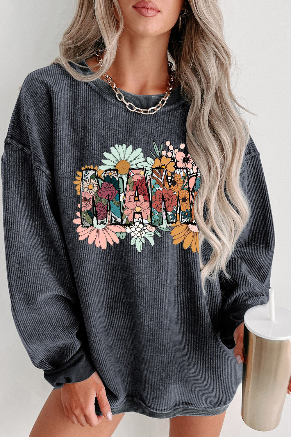 Mother's Day Floral Print Ribbed Knit Round Neck Pullover Sweatshirt