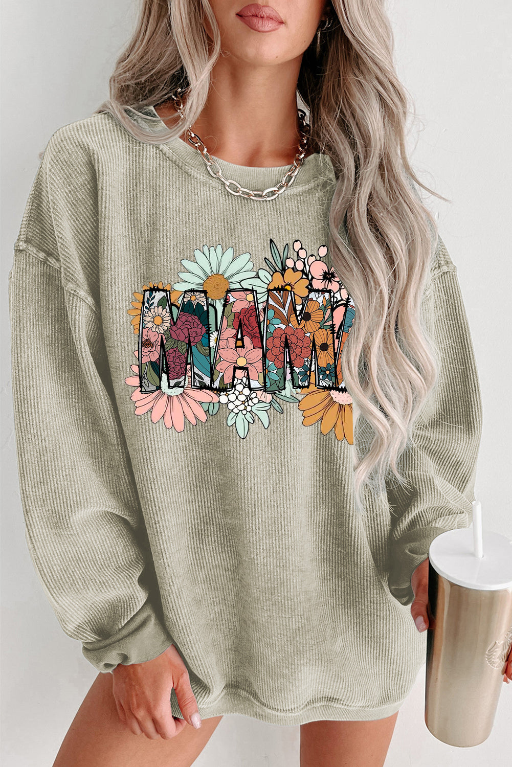 Mother's Day Floral Print Ribbed Knit Round Neck Pullover Sweatshirt
