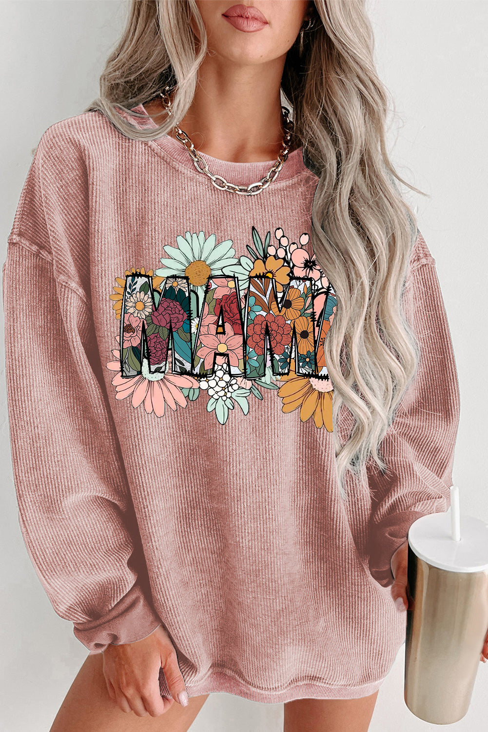 Mother's Day Floral Print Ribbed Knit Round Neck Pullover Sweatshirt