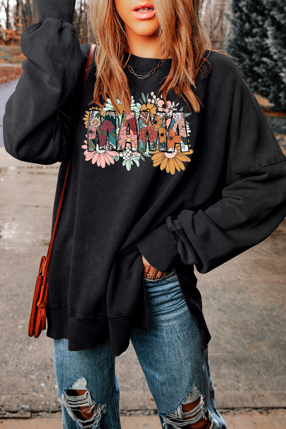 Mother's Day Floral Print Drop Shoulder Ribbed Trim Oversized Sweatshirt
