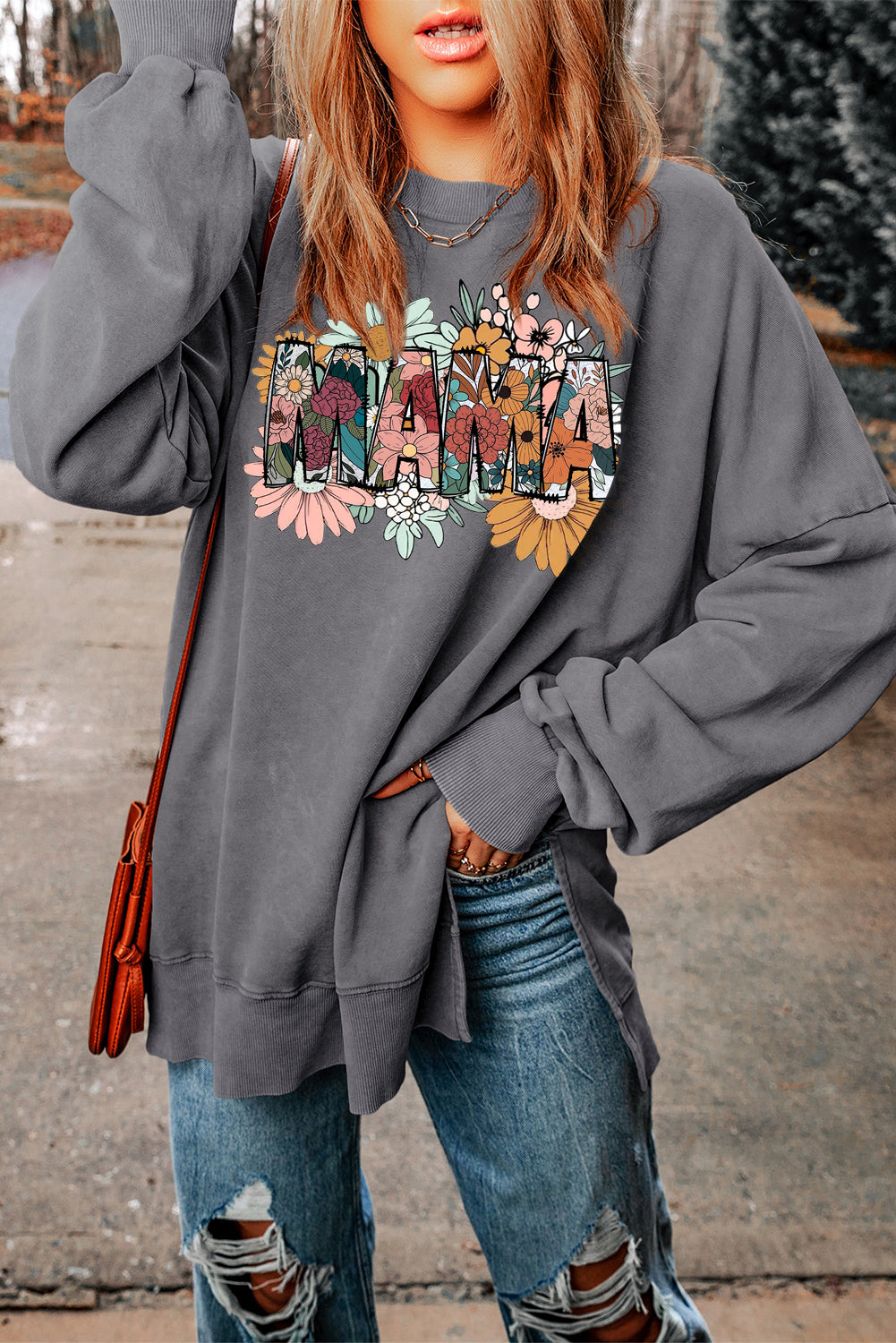 Mother's Day Floral Print Drop Shoulder Ribbed Trim Oversized Sweatshirt