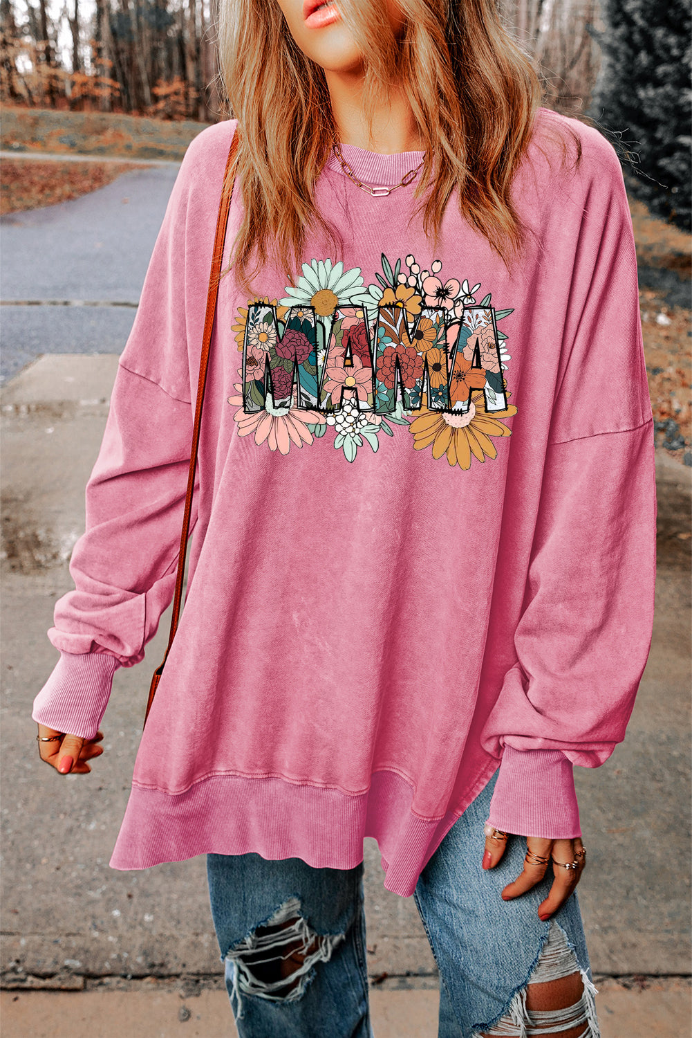 Mother's Day Floral Print Drop Shoulder Ribbed Trim Oversized Sweatshirt