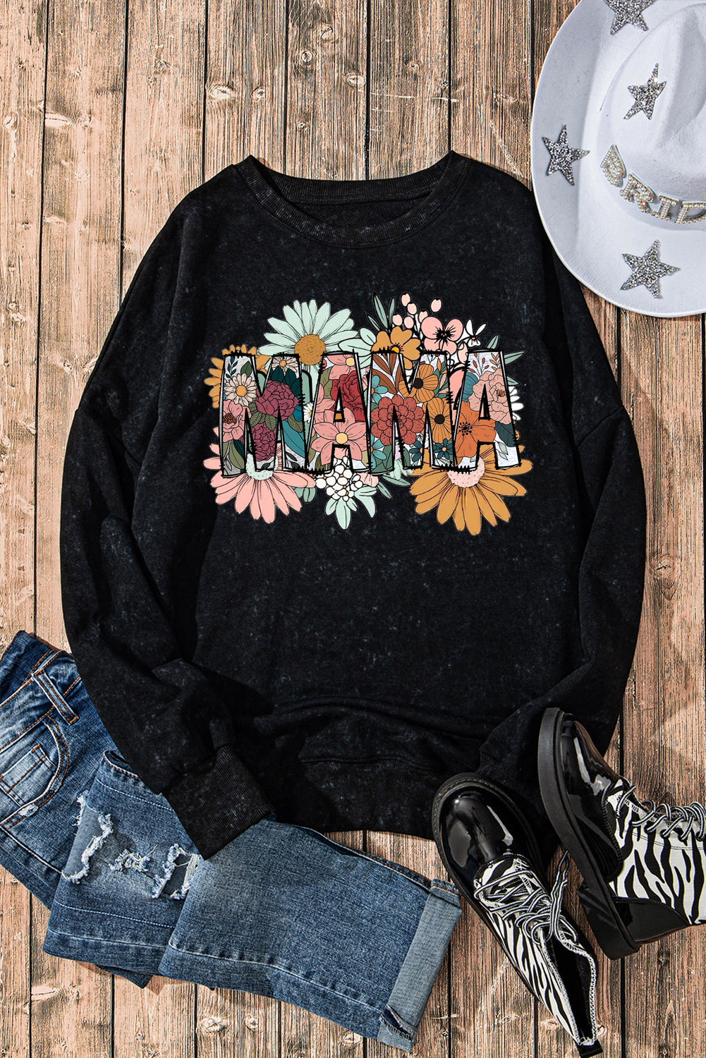 Mother's Day Floral Print Drop Shoulder Ribbed Trim Oversized Sweatshirt