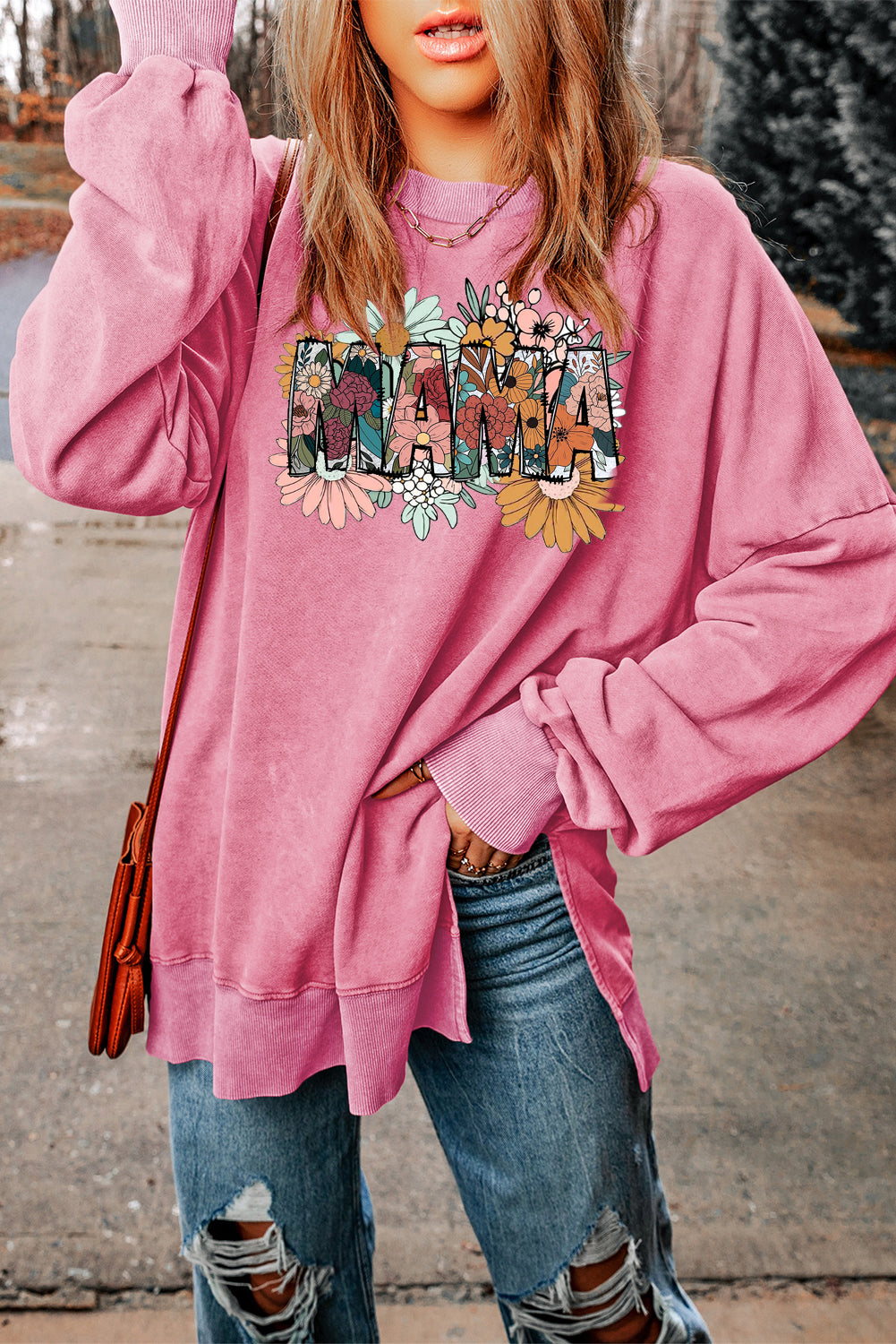 Mother's Day Floral Print Drop Shoulder Ribbed Trim Oversized Sweatshirt