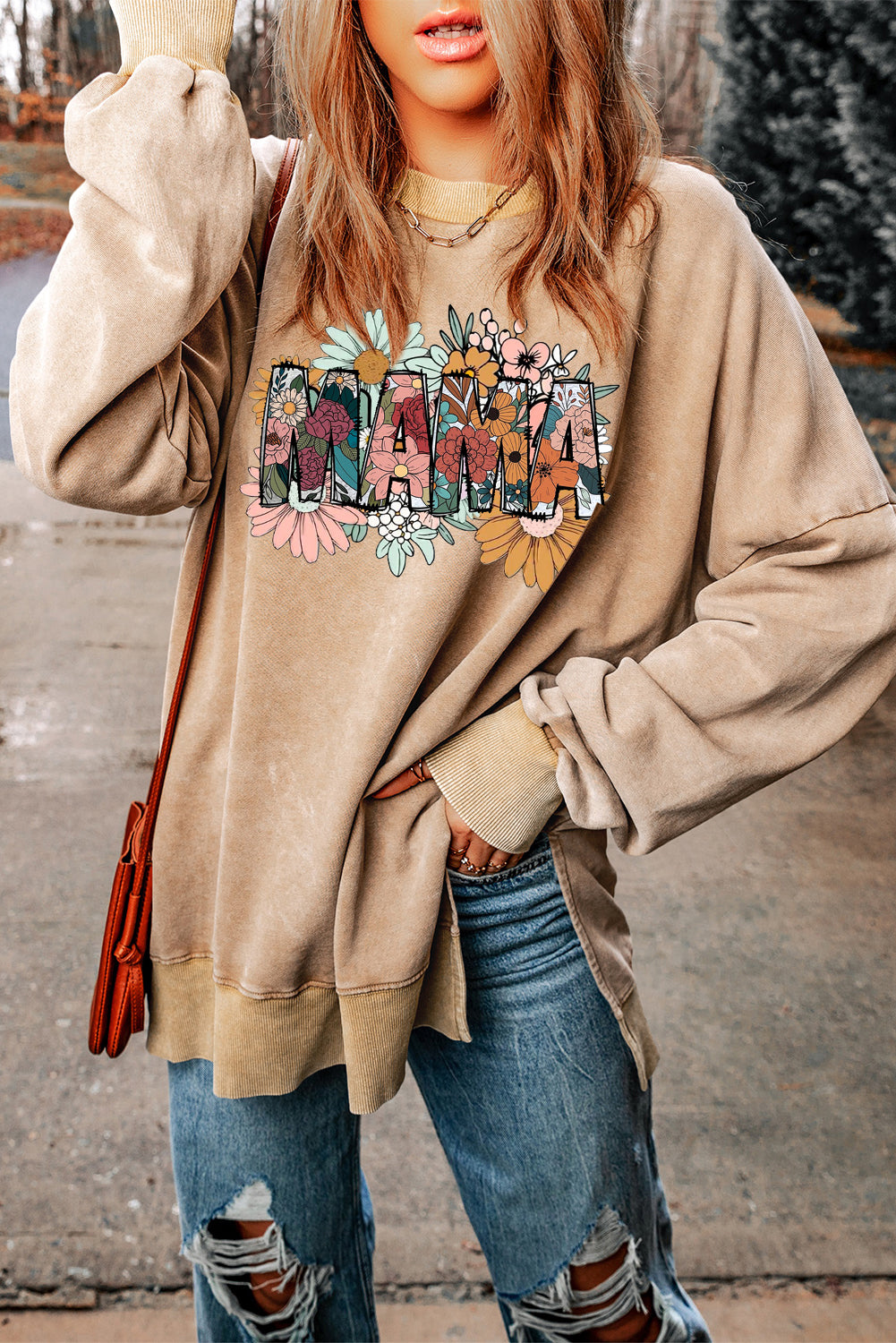 Mother's Day Floral Print Drop Shoulder Ribbed Trim Oversized Sweatshirt