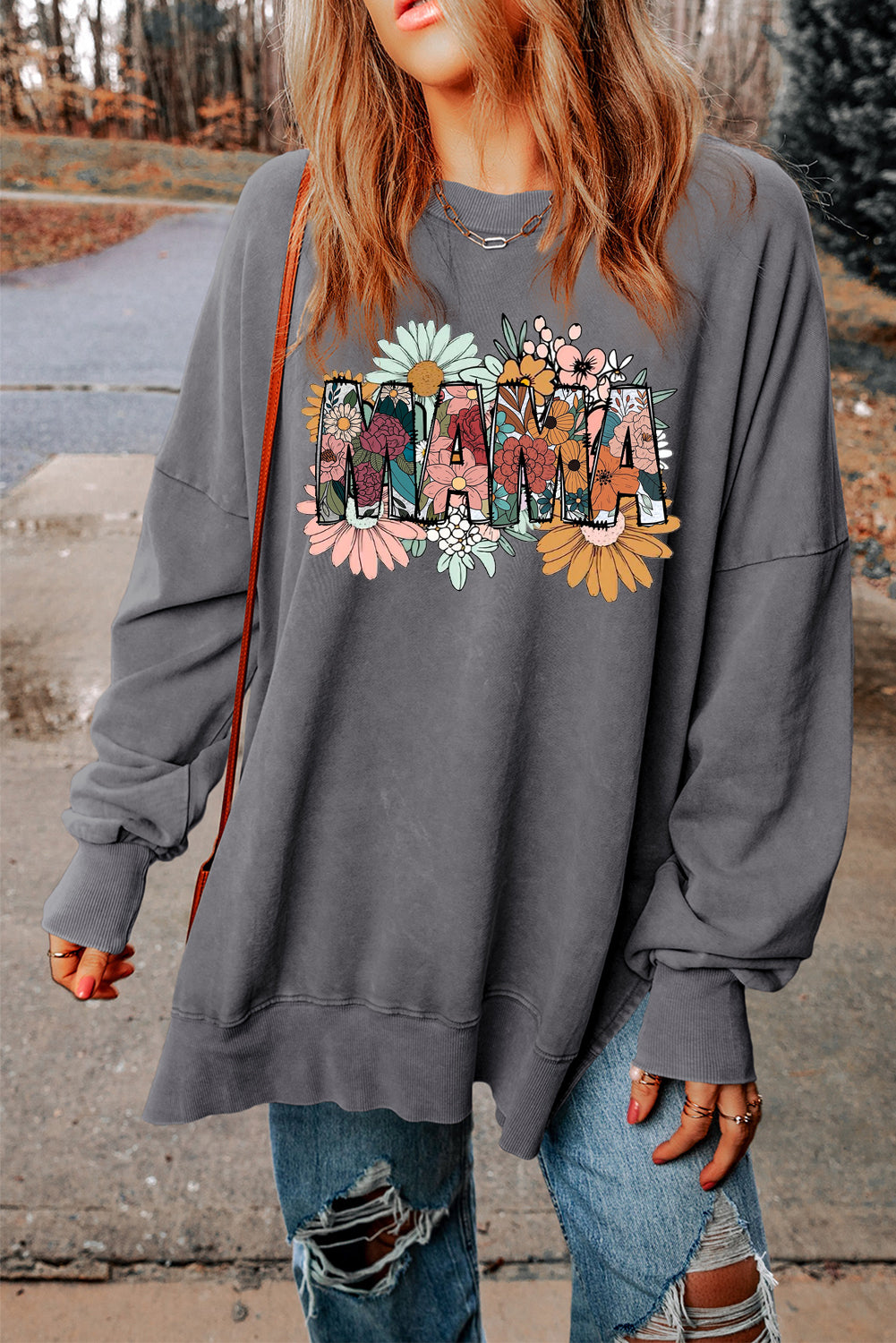 Mother's Day Floral Print Drop Shoulder Ribbed Trim Oversized Sweatshirt