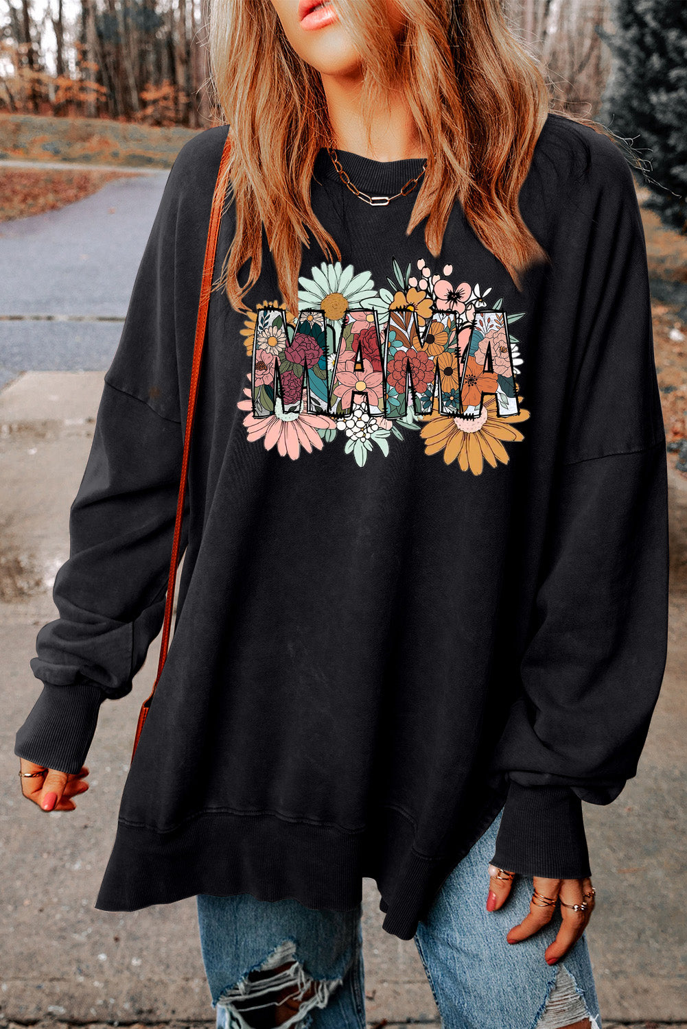 Mother's Day Floral Print Drop Shoulder Ribbed Trim Oversized Sweatshirt
