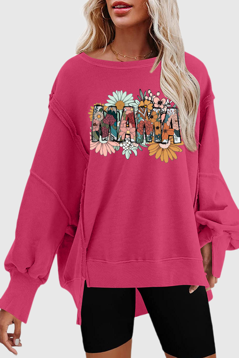 Mama's Day Exposed Seam Drop Shoulder Slit High Low Hem Sweatshirt