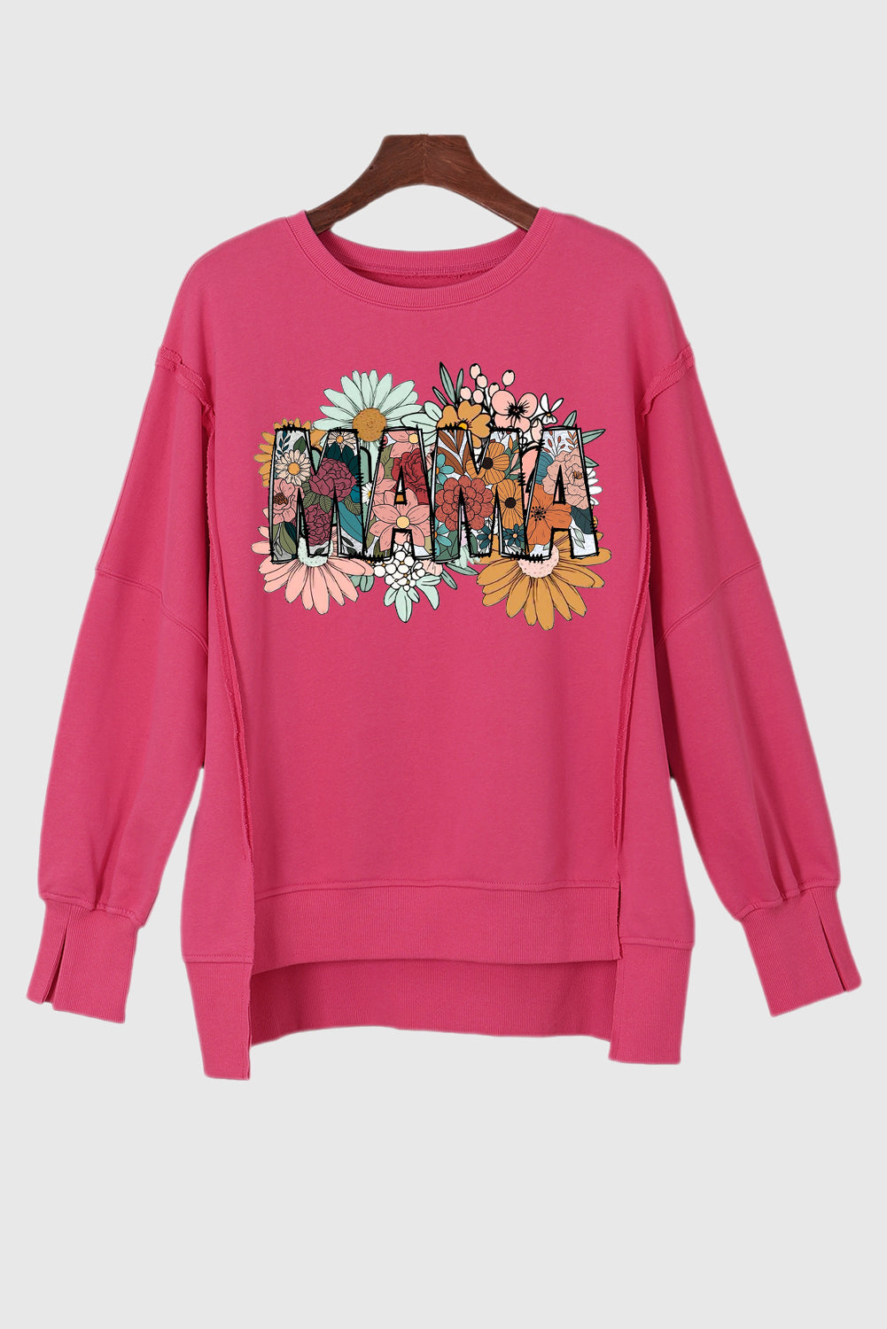 Mama's Day Exposed Seam Drop Shoulder Slit High Low Hem Sweatshirt