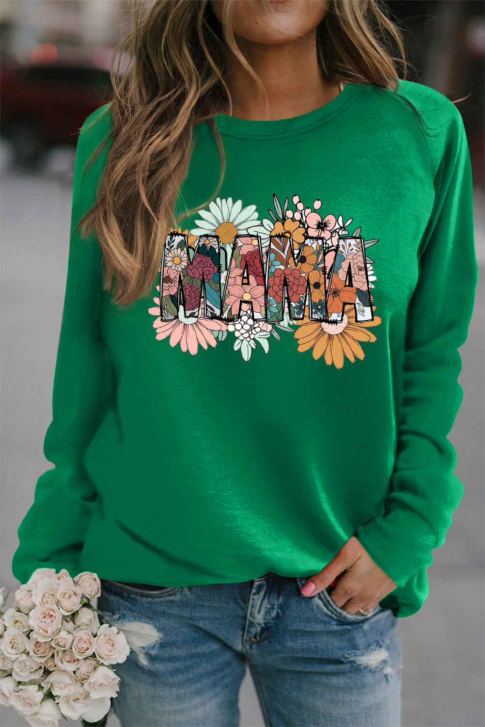 Mother's Day Floral Print Round Neck Raglan Sleeve Sweatshirt