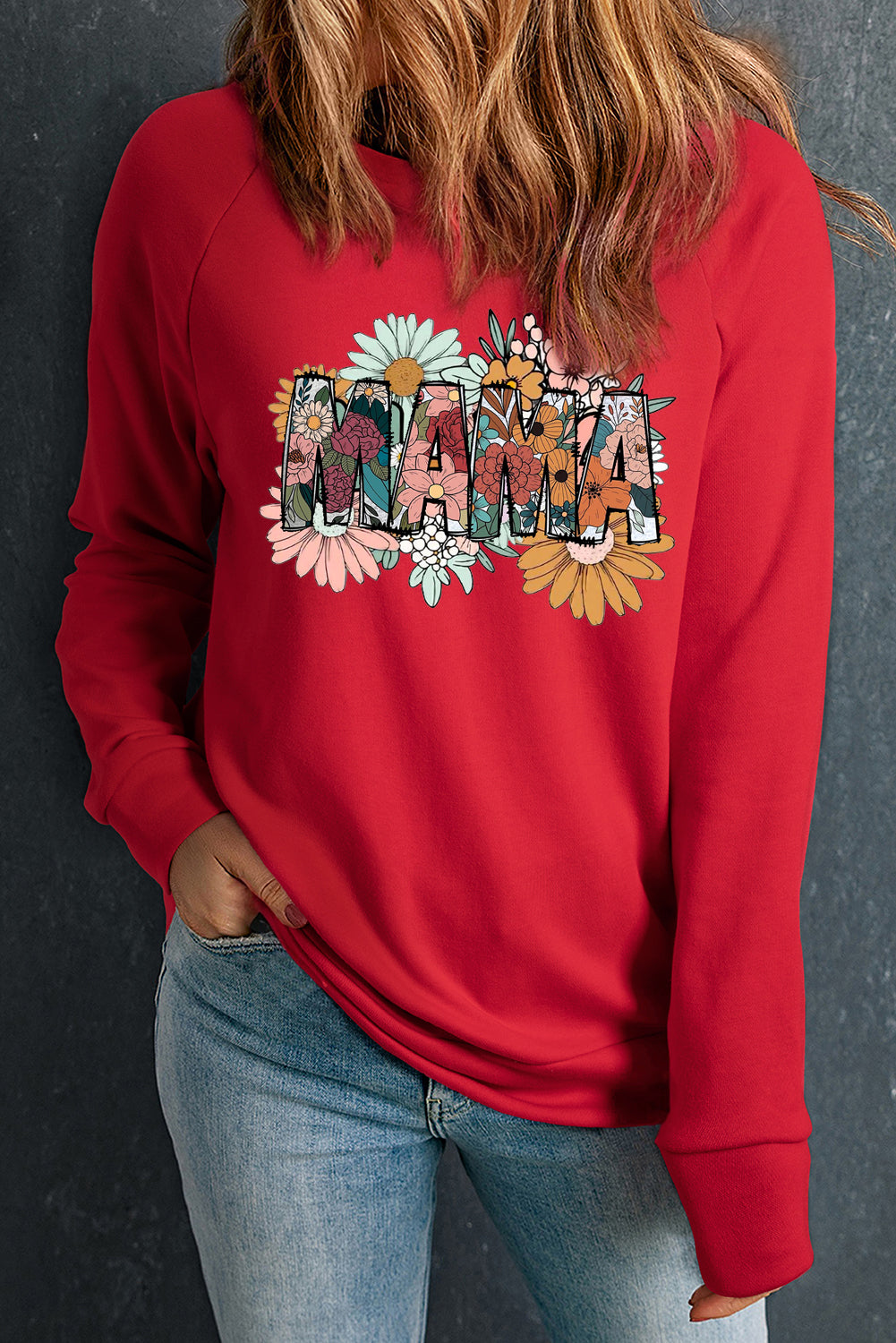 Mother's Day Floral Print Round Neck Raglan Sleeve Sweatshirt