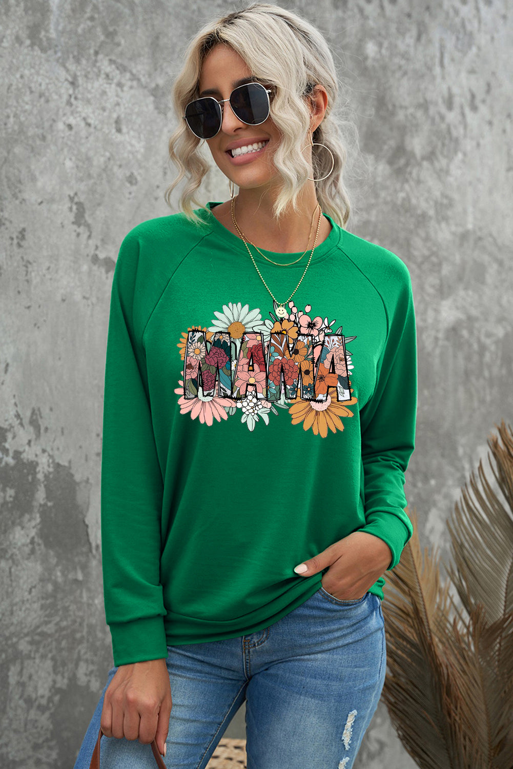 Mother's Day Floral Print Round Neck Raglan Sleeve Sweatshirt
