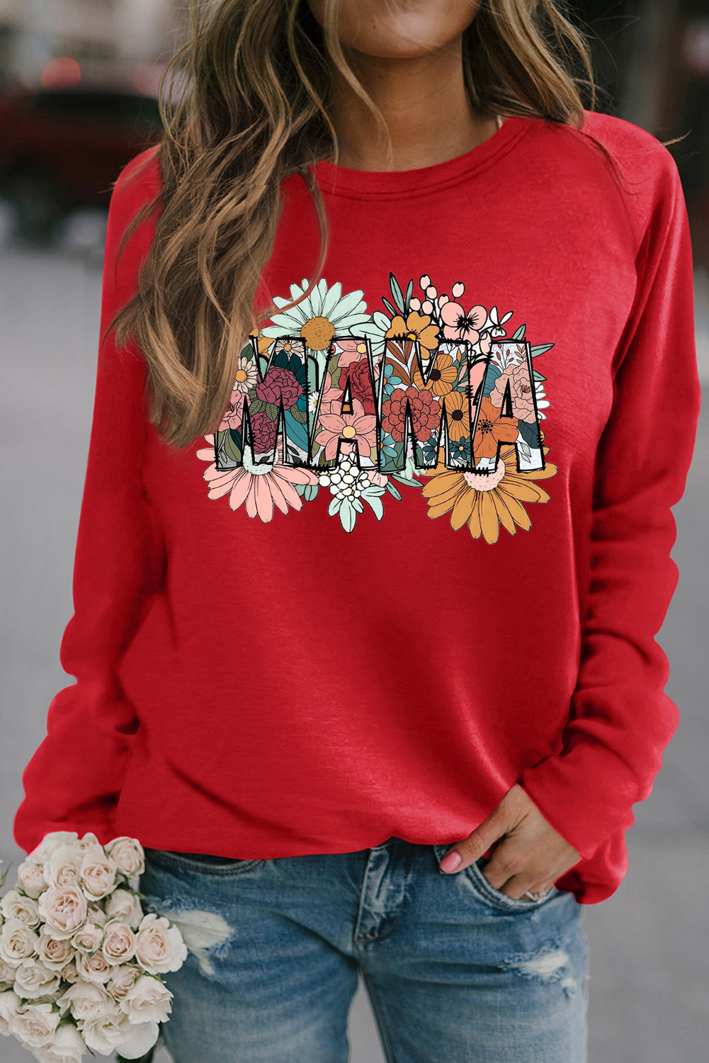 Mother's Day Floral Print Round Neck Raglan Sleeve Sweatshirt