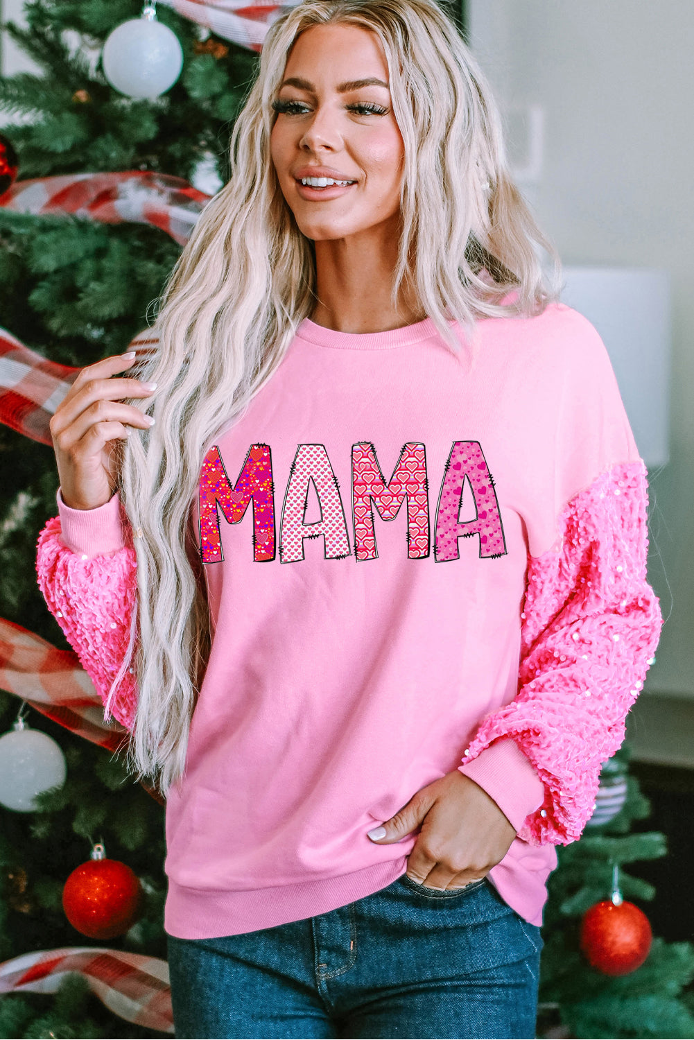 MAMA Letters Print Sequin Patchwork Long Sleeve Pullover Top