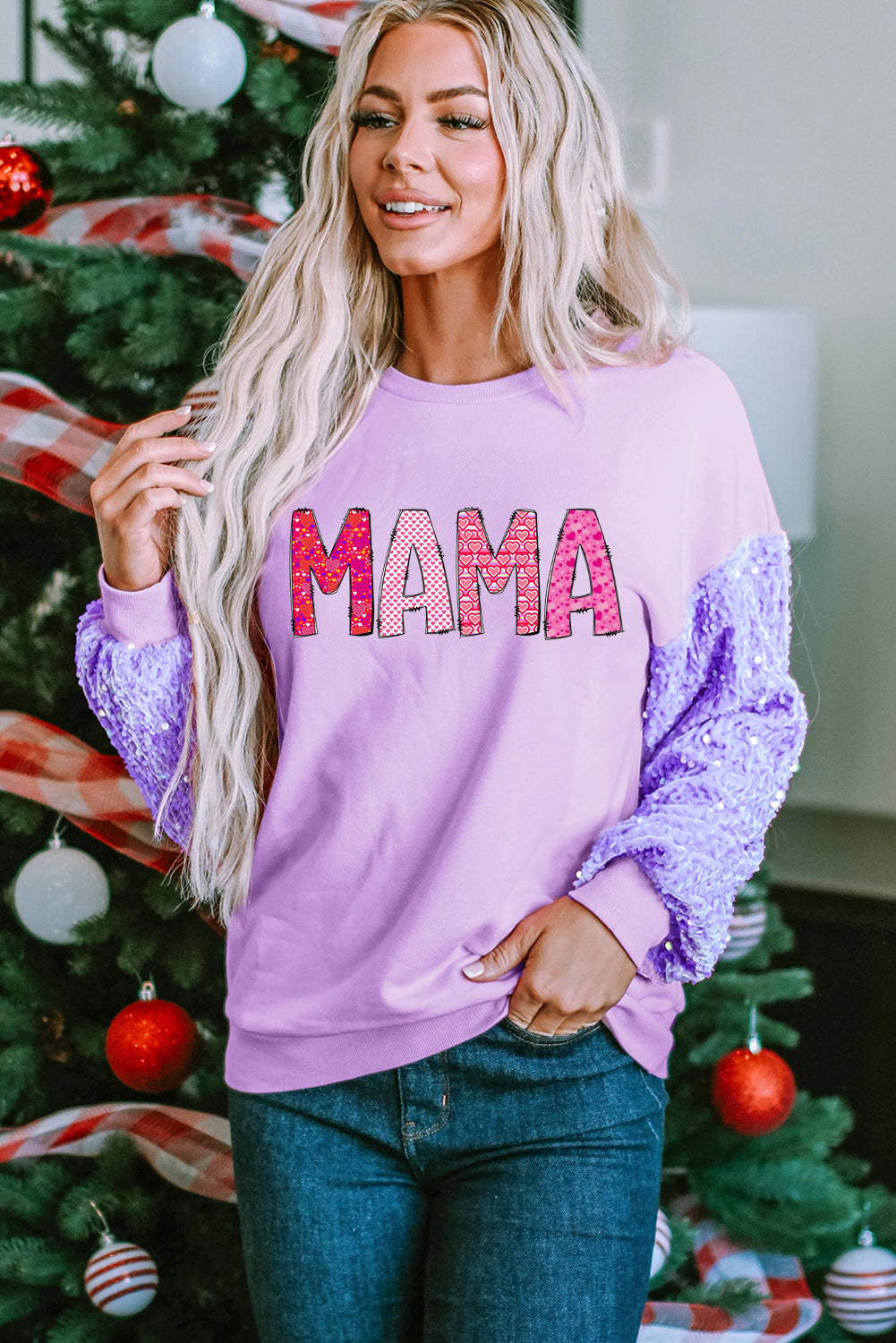 MAMA Letters Print Sequin Patchwork Long Sleeve Pullover Top